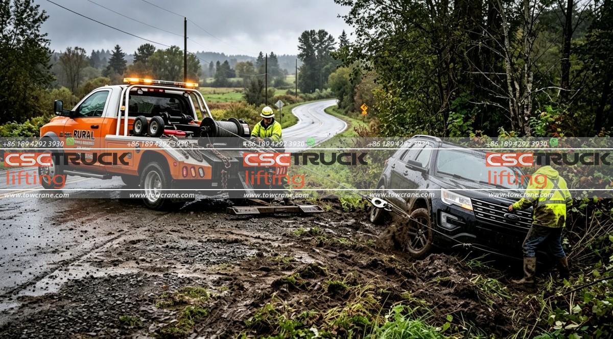 How Does a Wrecker Tow Truck Pull a Vehicle Out of a Ditch?